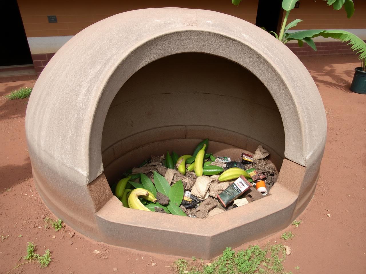 A small biogas digester being fed organic waste in a rural school yard
